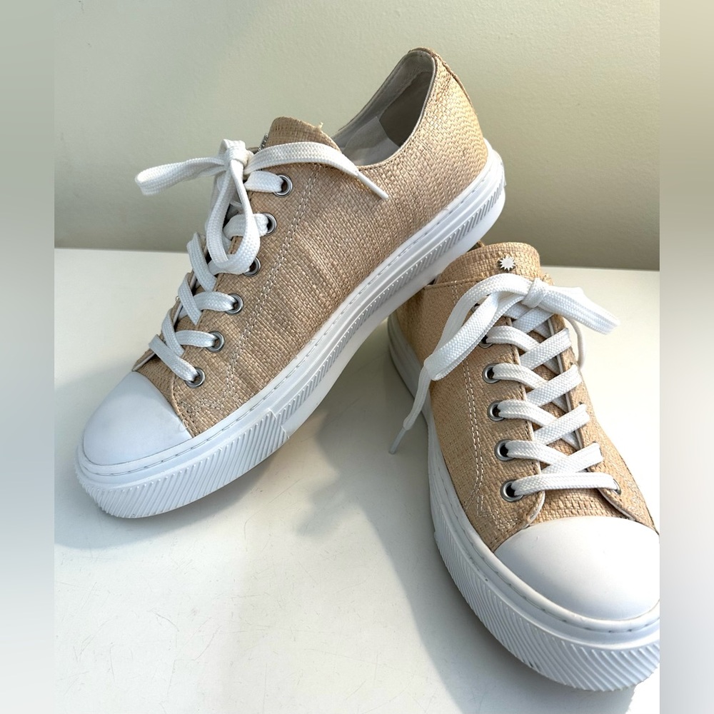 STUART WEITZMAN Ollie Sneakers Woven Raffia Lace Up Shoes Low Top Straw Natural - Picture 14 of 14